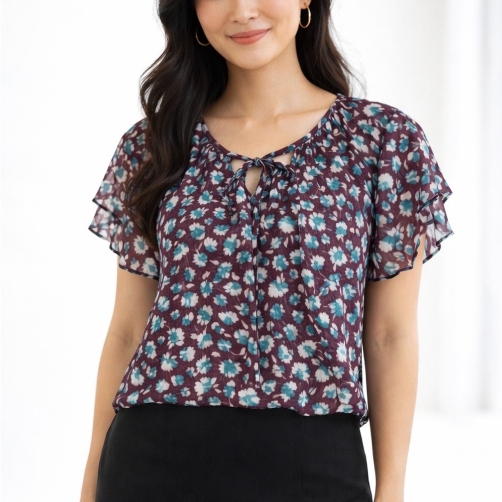 Ramy Brook Sheer Floral Blouse in Purple and Teal